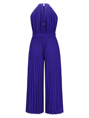 Royal blue halter neck pleated palazzo jumpsuit with belted waist