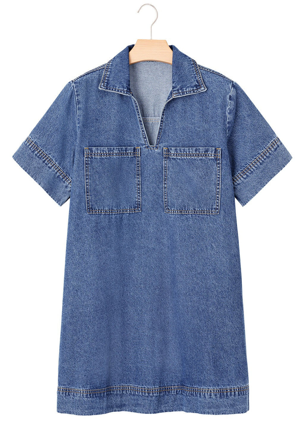 Light blue denim mini dress with collar, V-neck, short sleeves, and two chest pockets.