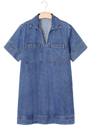 Light blue denim mini dress with collar, V-neck, short sleeves, and two chest pockets.