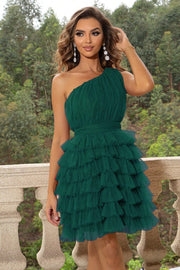 Green tulle ruffle one-shoulder mini dress with tiered skirt