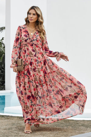 Floral ruffle maxi dress with tiered skirt and long sleeves in Floral color.