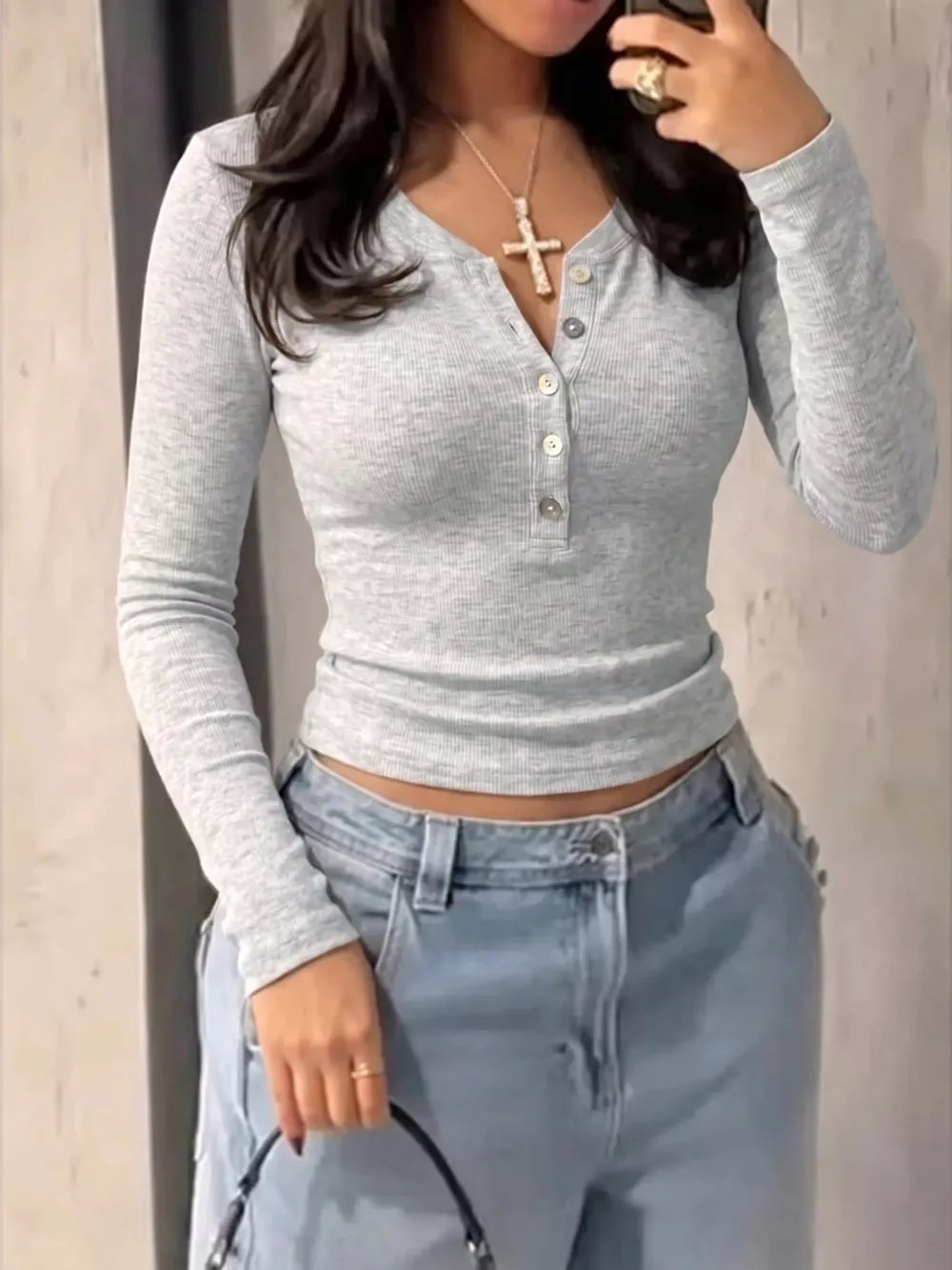Button Detail Long Sleeve T-shirt in Gray, front view