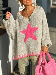 Gray knit v-neck pullover with a large hot pink star and pink trim.