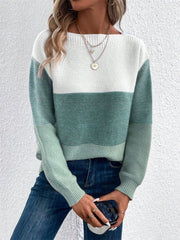 Colorblock boatneck knit sweater in white, gum leaf, and light green acrylic with long sleeves.