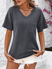 Textured ribbed V-neck t-shirt in charcoal with a chest pocket and short sleeves.
