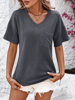 Textured ribbed V-neck t-shirt in charcoal with a chest pocket and short sleeves.