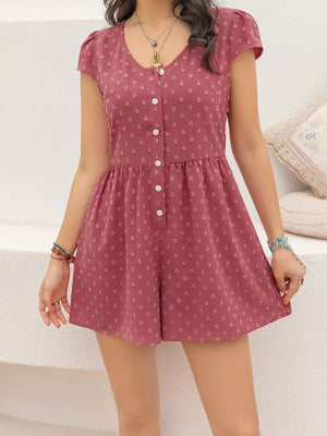Charming Swiss dot cap sleeve romper with button-down front in rose.