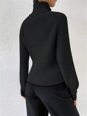 Black ribbed turtleneck sweater with long sleeves and a fitted silhouette.