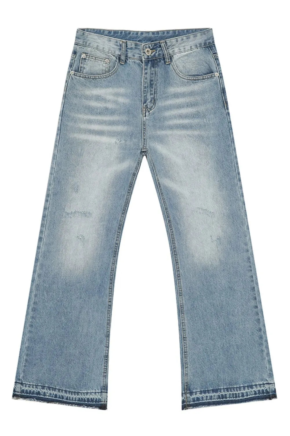 Baggy distressed denim jeans in medium wash with raw hem detail and whiskering.