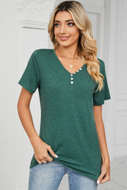 Button-placket henley tee in dark green with short sleeves and a V-neck.
