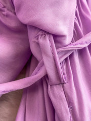 Purple polyester maxi dress with balloon sleeves and tie detail