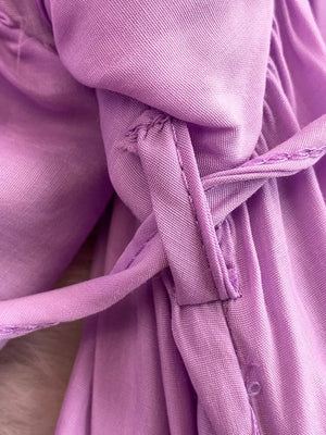 Purple polyester maxi dress with balloon sleeves and tie detail