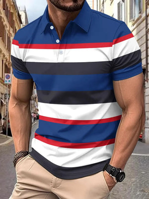 Men's blue polo shirt with bold red, white, black, and grey horizontal stripes.