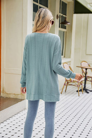Air Force Blue long sleeve cardigan with chevron pattern and crew neck