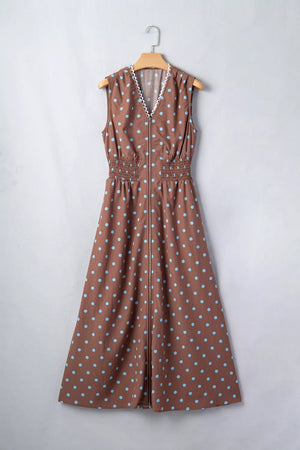 Brown polka dot midi dress with smocked waist and zipper closure
