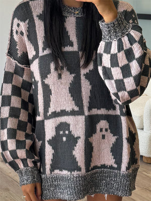 Ghost checkered knit sweater in black and dusty pink with crewneck and balloon sleeves.