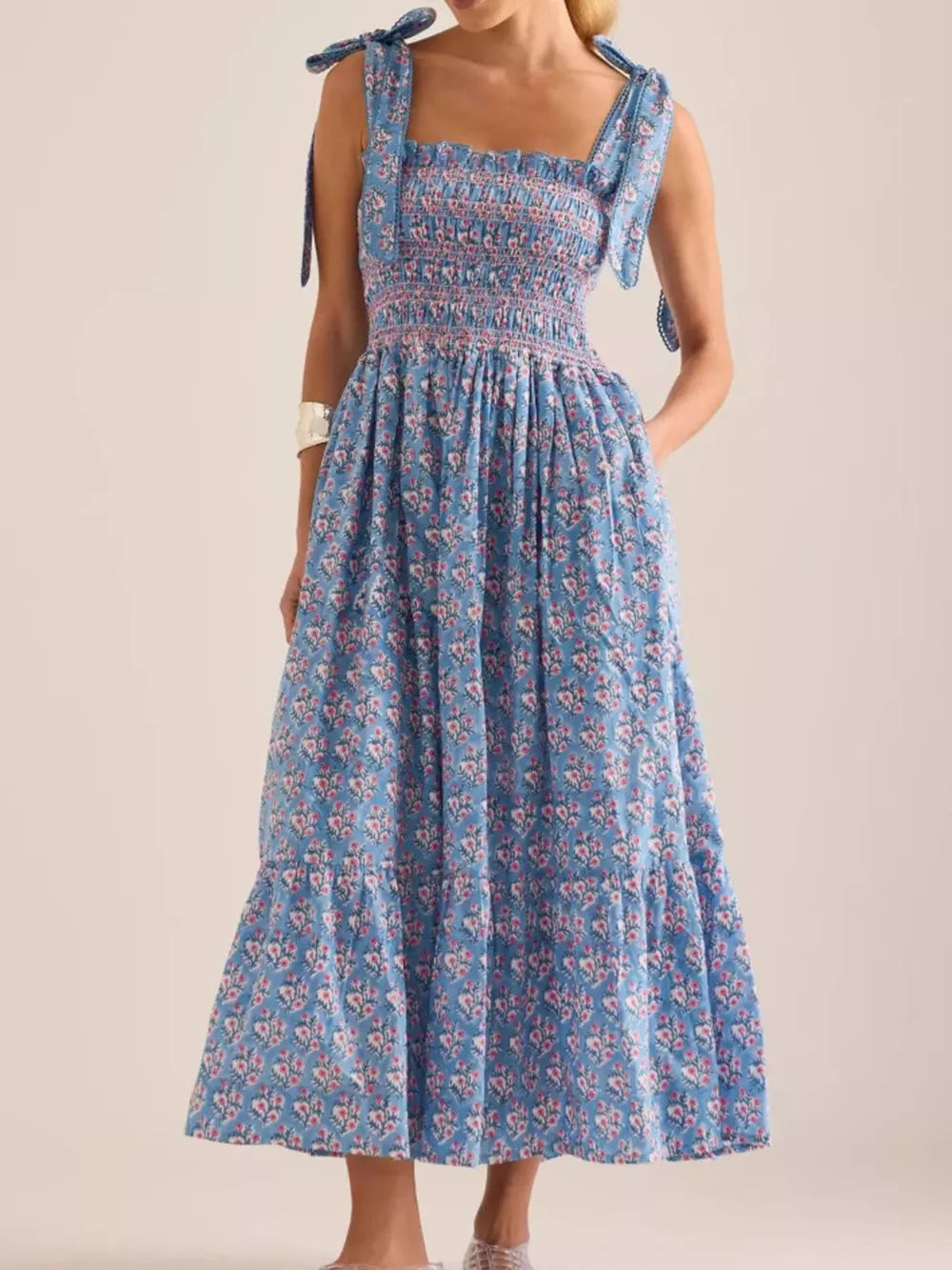 Sky blue floral midi dress with smocked bodice and tie shoulders