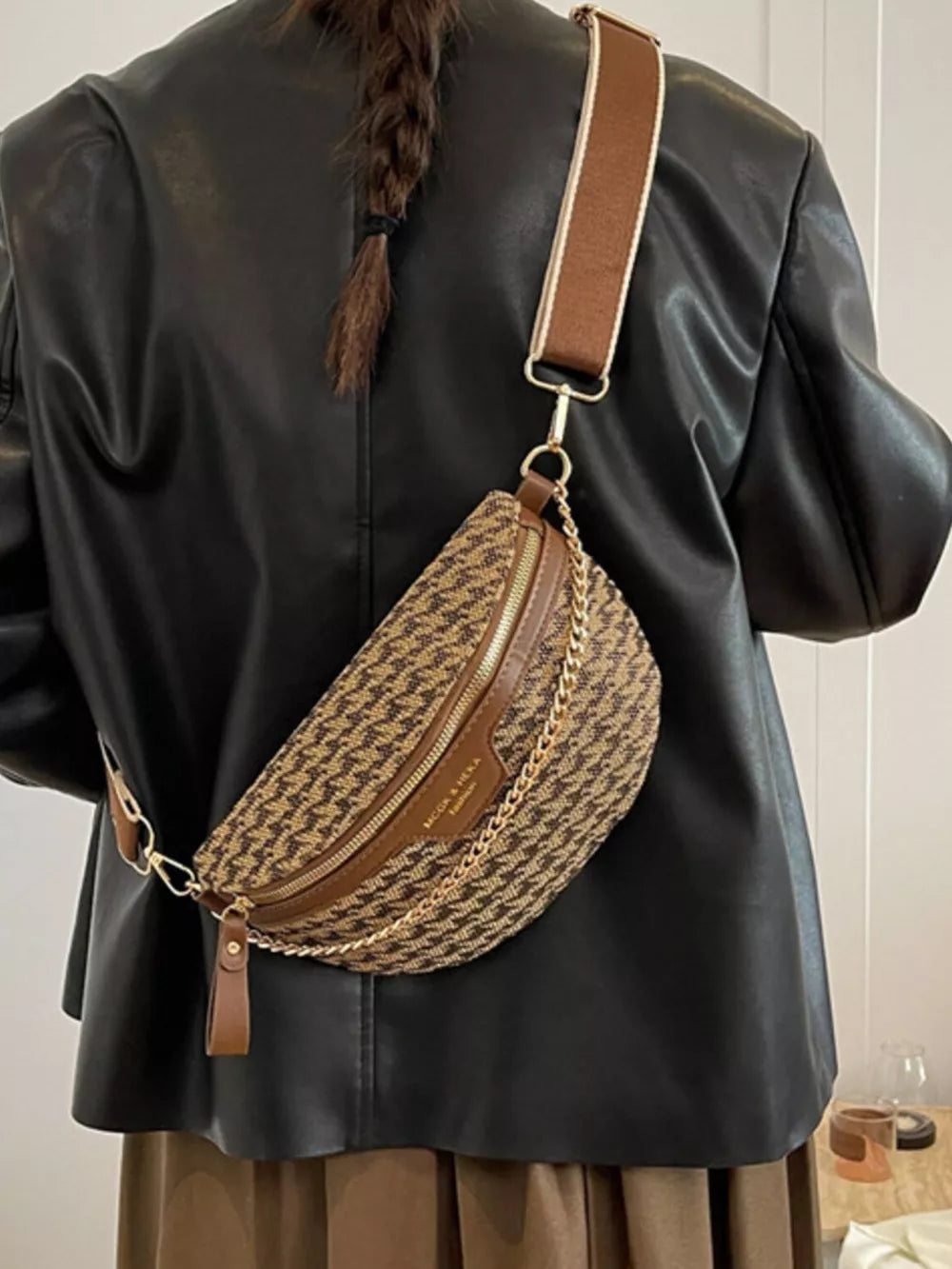 Houndstooth mini crossbody bag with chain strap and brown leather trim