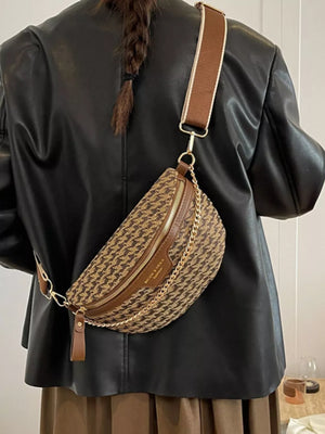 Houndstooth mini crossbody bag with chain strap and brown leather trim