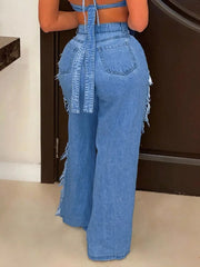 Fringe-detail Distressed Wide-leg Jeans