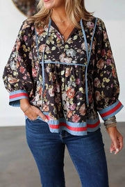 Floral Print Contrast Trim Tie V Neck Blouse in Floral, front view