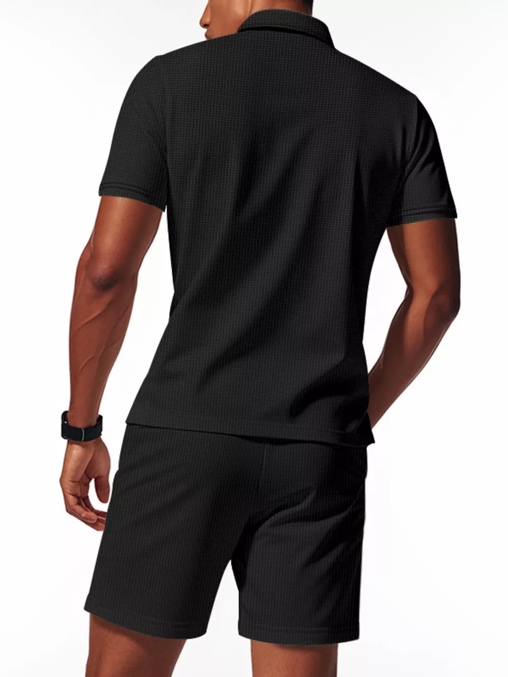 Black waffle knit polo shirt and jogger shorts set for men.