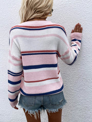 Pink pastel stripe crewneck knit sweater with white and blue accents.