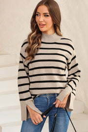 Camel striped mock neck sweater with bell sleeves and side slits.