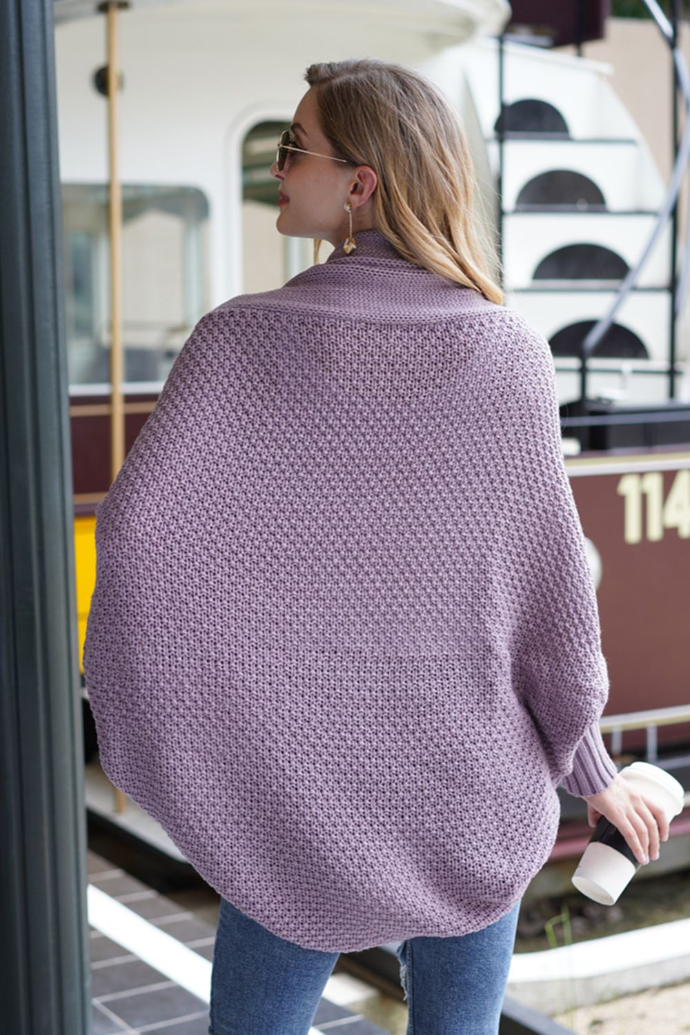 Lavender cocoon knit sleeve cardigan with textured pattern and relaxed fit.