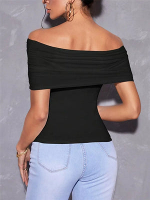 Black off-shoulder t-shirt with ruched detail on neckline and sleeves.