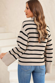 Striped camel knit sweater with mock neck and bell sleeves.
