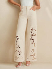 Embroidered Cutout Wide-leg Jeans