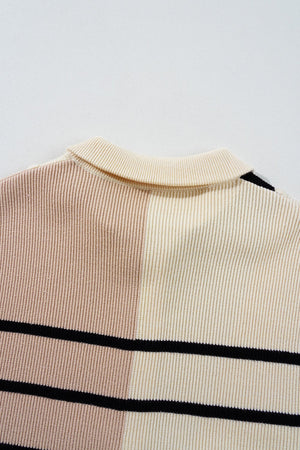 Colorblock ribbed mini dress with mock neck and horizontal stripes in beige and black.