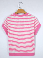 Textured pink and white striped V-neck t-shirt with short sleeves.