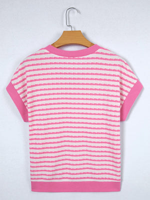 Textured pink and white striped V-neck t-shirt with short sleeves.