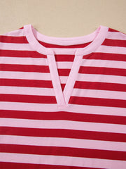 Red and pink striped cotton blend t-shirt with split v-neckline