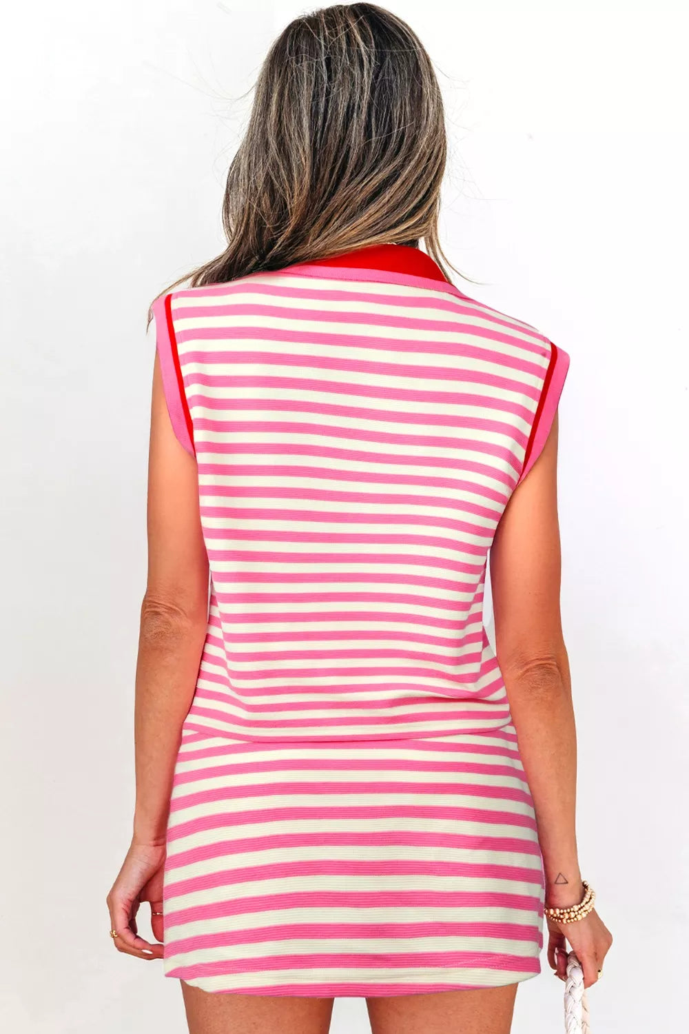 Pink and cream striped cotton bikini set with a collared, sleeveless top.