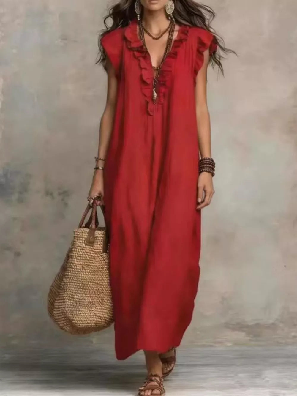 Bohemian Ruffle Neck Maxi Dress Plus Size in Blue, view 12