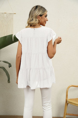 White Swiss dot tiered flutter sleeve blouse with button back detail