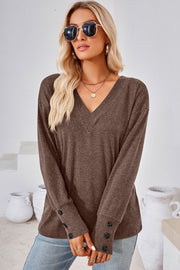Mocha long sleeve V-neck top with button cuffs