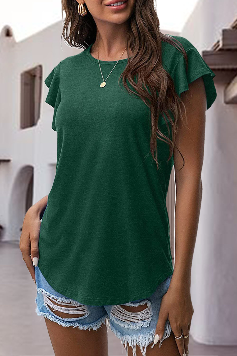 Dark green t-shirt with ruffled short sleeves and a crew neck.