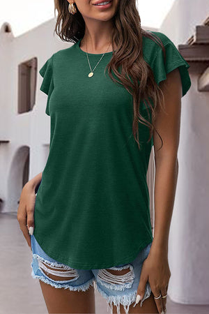 Dark green t-shirt with ruffled short sleeves and a crew neck.