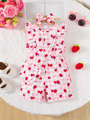 Strawberry ruffle jumpsuit with headband set, pink gingham, button-down, sleeveless, short length.