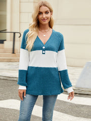 Ribbed Henley colorblock knit sweater in teal and white with button detail