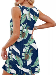 Eyelet twisted hem tank dress in multicolor tropical leaf print.