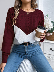 Chevron cable knit sweater in burgundy and white with crew neck.