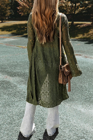 Openwork maxi cardigan in army green acrylic with bell sleeves and intricate lace detail.