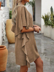 Khaki V-neck mini dress with flowy sleeves and ruffled hem detail.