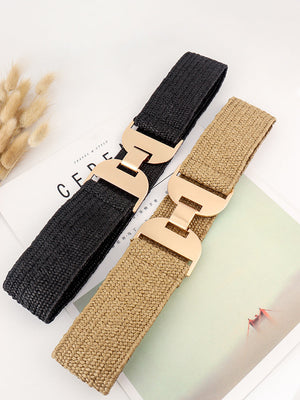 Textured raffia belts in black and khaki with gold-tone buckle detail