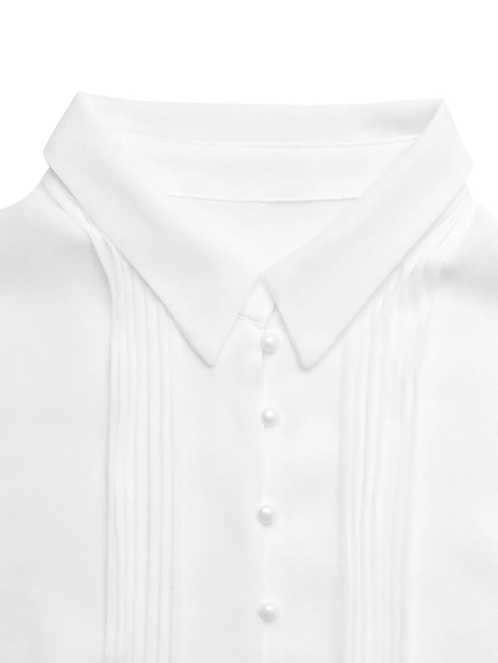 White cap sleeve midi dress with pintuck detail and pearl buttons